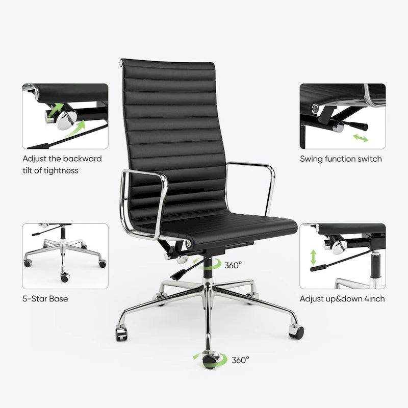 Chaise de bureau ergonomique en cuir véritable, dossier haut et côtelé - N/A