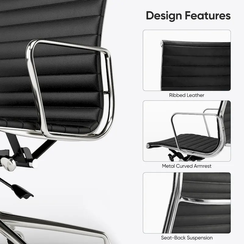 Chaise de bureau ergonomique en cuir véritable, dossier haut et côtelé - N/A