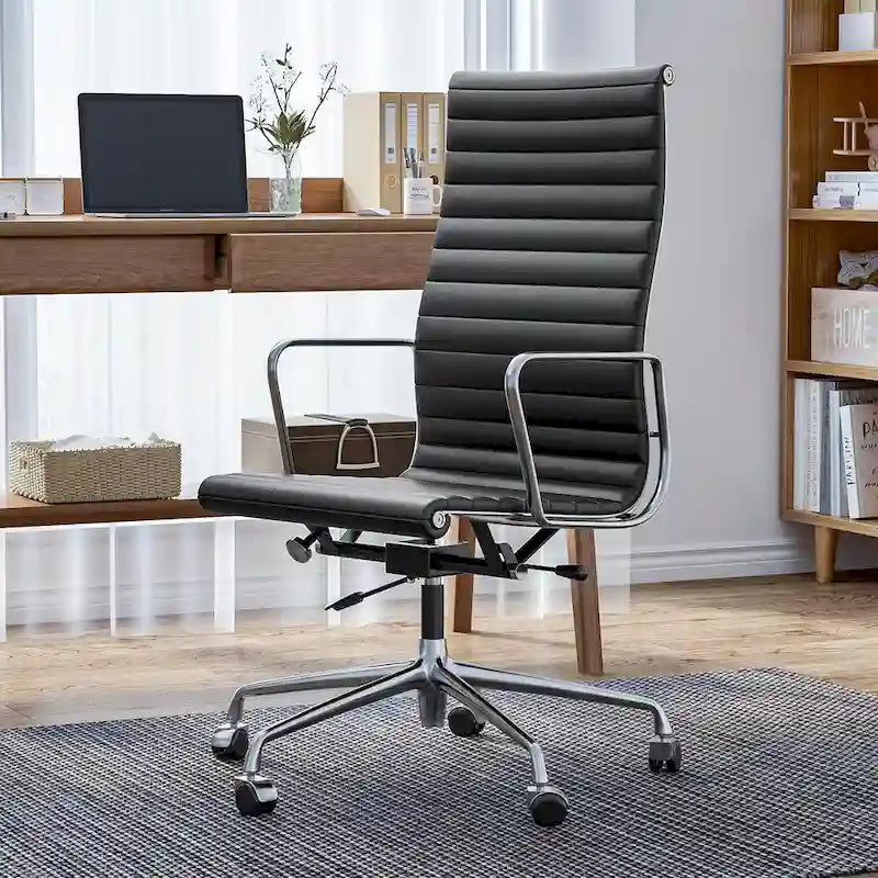Chaise de bureau ergonomique en cuir véritable, dossier haut et côtelé - N/A