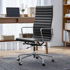 Chaise de bureau ergonomique en cuir véritable, dossier haut et côtelé - N/A