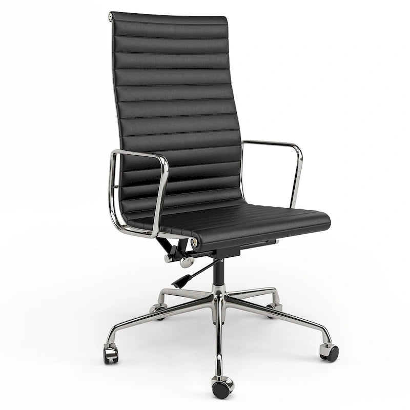 Chaise de bureau ergonomique en cuir véritable, dossier haut et côtelé - N/A