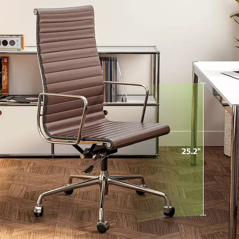 Chaise de bureau ergonomique en cuir véritable, dossier haut et côtelé - N/A