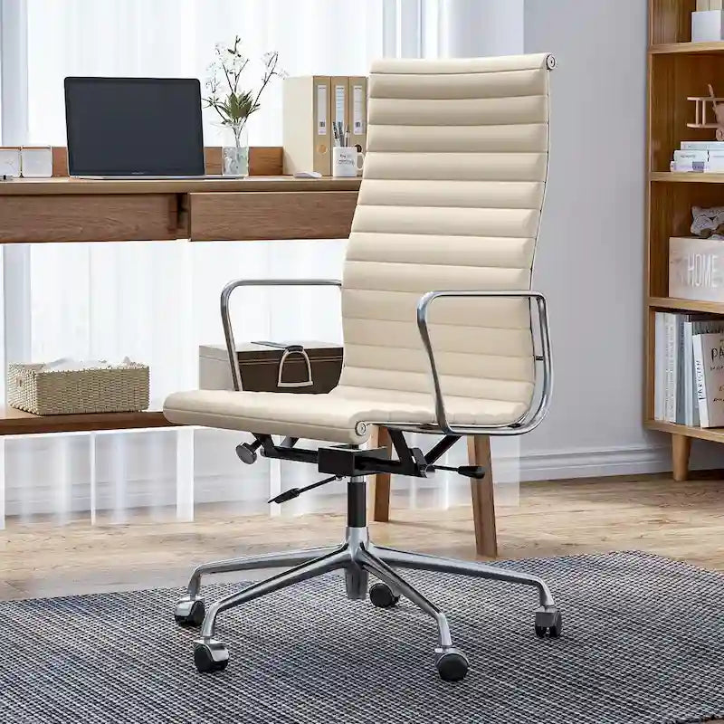 Chaise de bureau ergonomique en cuir véritable, dossier haut et côtelé - N/A