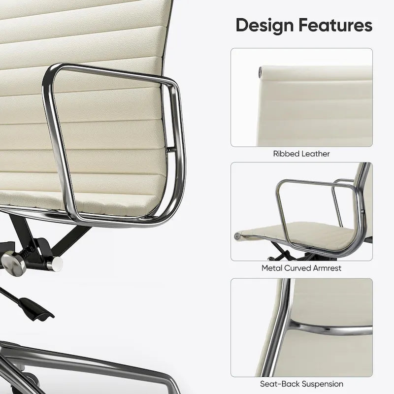 Chaise de bureau ergonomique en cuir véritable, dossier haut et côtelé - N/A