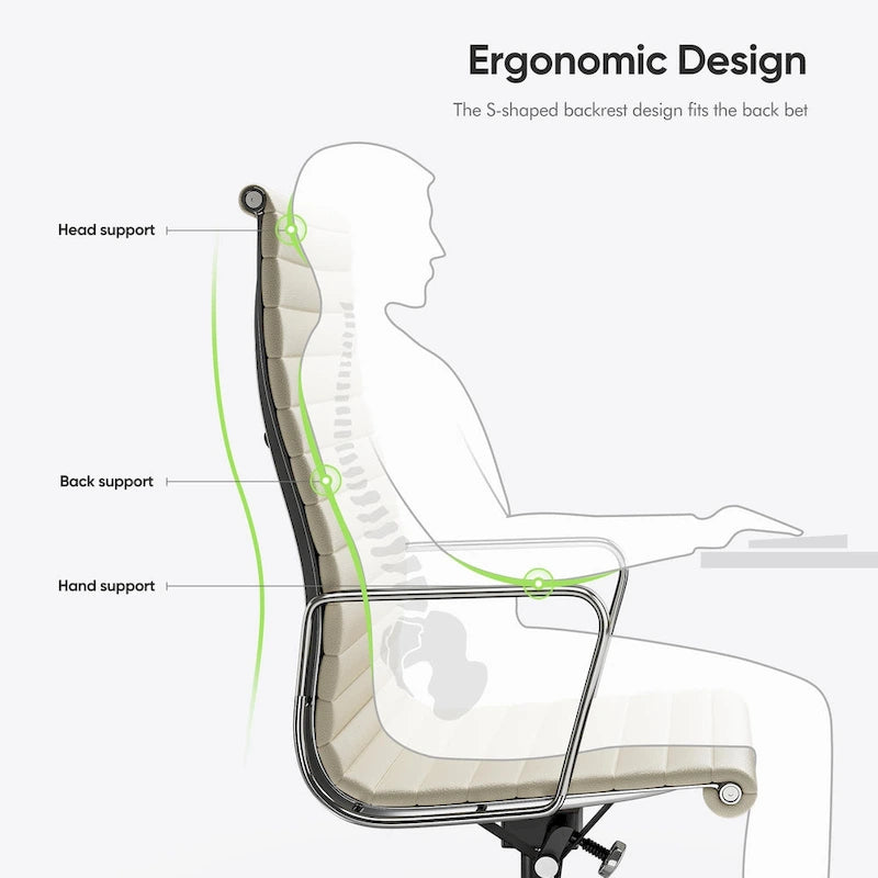 Chaise de bureau ergonomique en cuir véritable, dossier haut et côtelé - N/A
