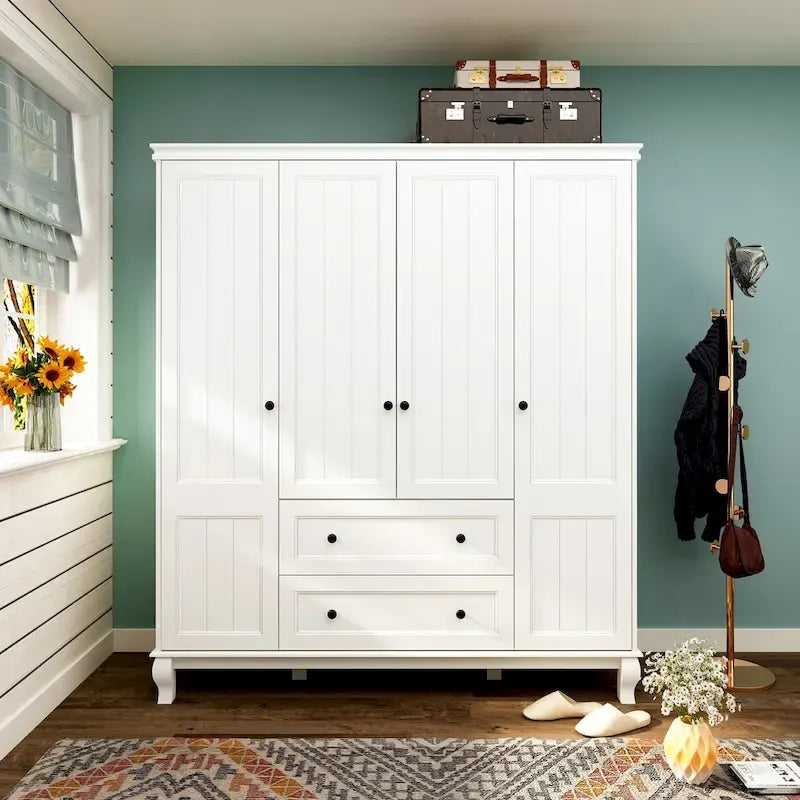 Armoire penderie familiale en bois 63W, laquée blanc, avec tringles