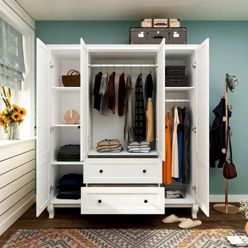 Armoire penderie familiale en bois 63W, laquée blanc, avec tringles