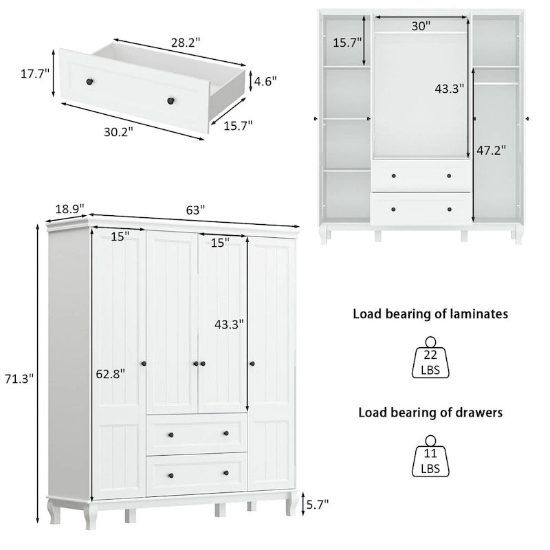 Armoire penderie familiale en bois 63W, laquée blanc, avec tringles