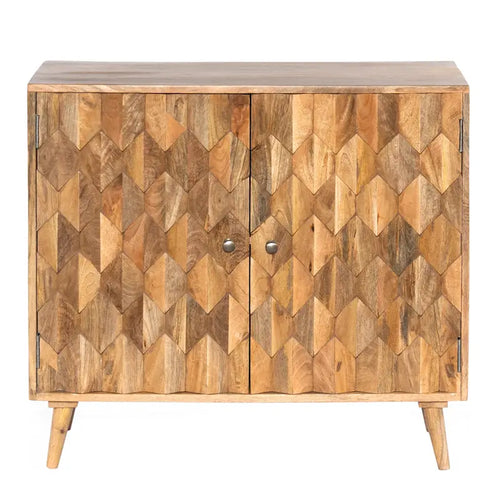 Meuble d'appoint artisanal de 91 cm, 2 portes incrustées en nid d'abeille, bois de manguier, marron naturel