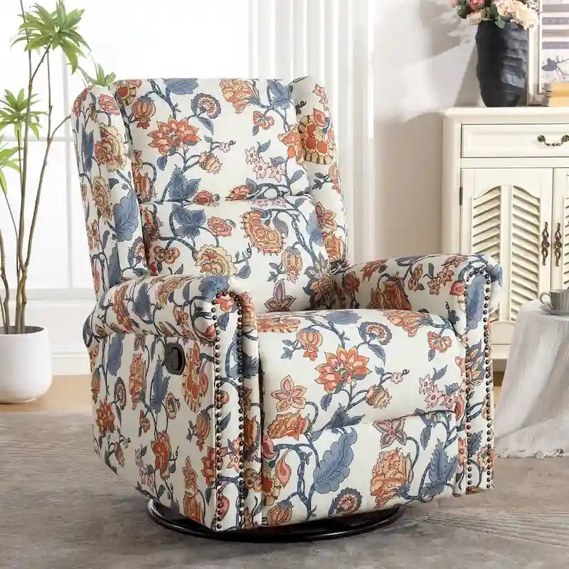 Fauteuil relax pivotant et à bascule manuel fleuri, avec patins, rembourré