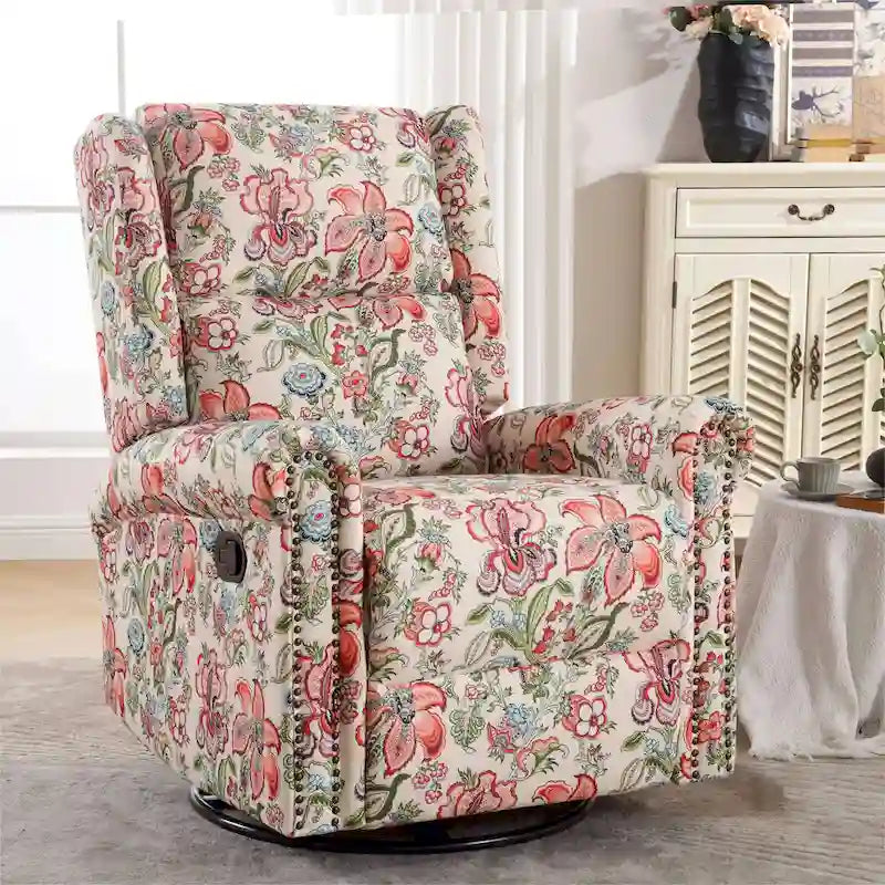 Fauteuil relax pivotant et à bascule manuel fleuri, avec patins, rembourré