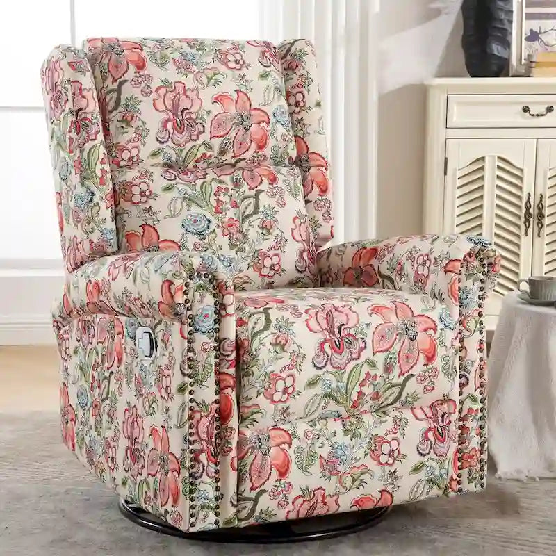 Fauteuil relax pivotant et à bascule manuel fleuri, avec patins, rembourré