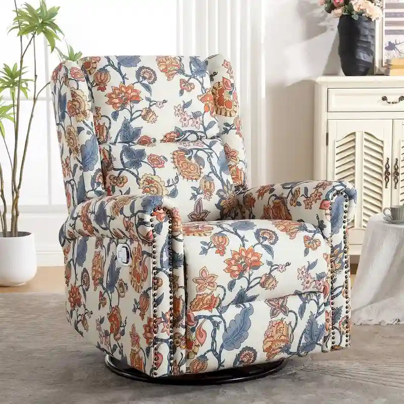 Fauteuil relax pivotant et à bascule manuel fleuri, avec patins, rembourré