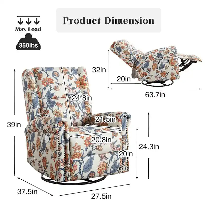 Fauteuil relax pivotant et à bascule manuel fleuri, avec patins, rembourré