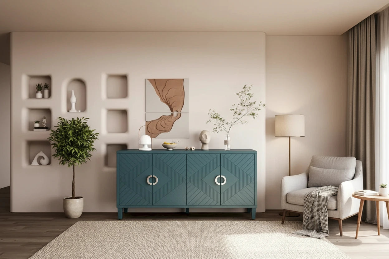 Unique Stylish 4-Door Storage Cabinet with Pine Legs Sideboard Buffets