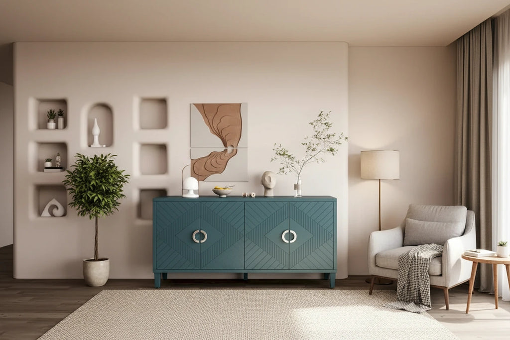 Unique Stylish 4-Door Storage Cabinet with Pine Legs Sideboard Buffets
