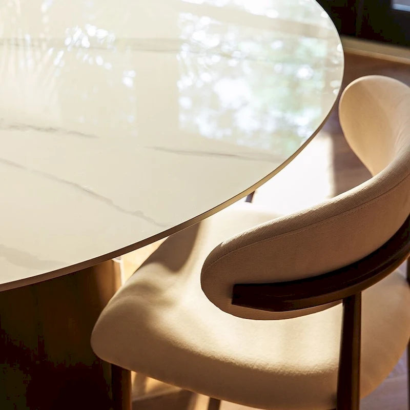 Table à manger ronde moderne pour salle à mangerPlateau en pierre blanc brillant,Piedestal en carbone couleur bronze