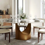 Table à manger ronde moderne pour salle à mangerPlateau en pierre blanc brillant,Piedestal en carbone couleur bronze