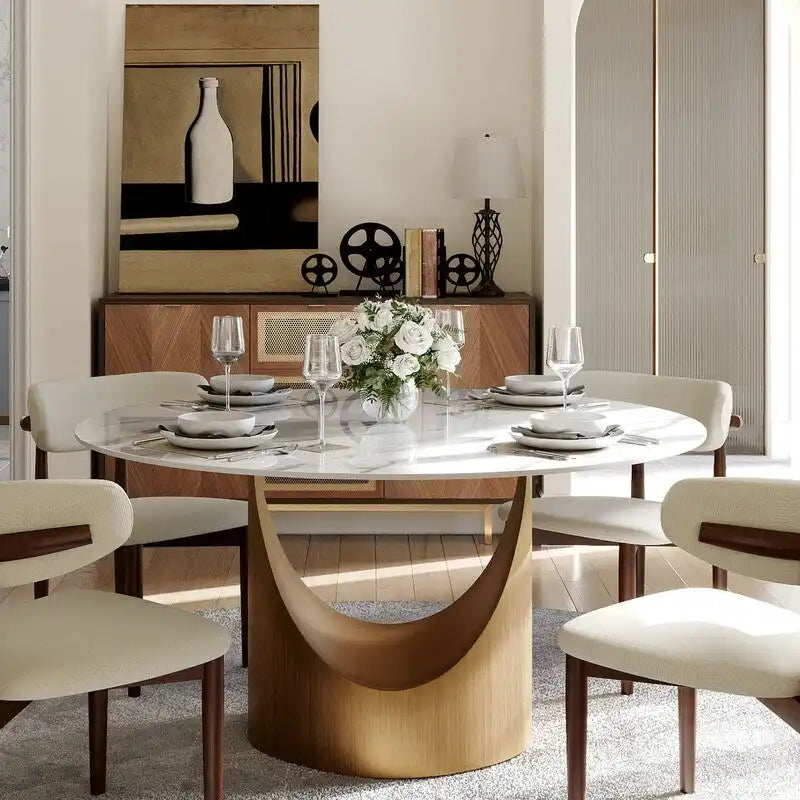Table à manger ronde moderne pour salle à mangerPlateau en pierre blanc brillant,Piedestal en carbone couleur bronze