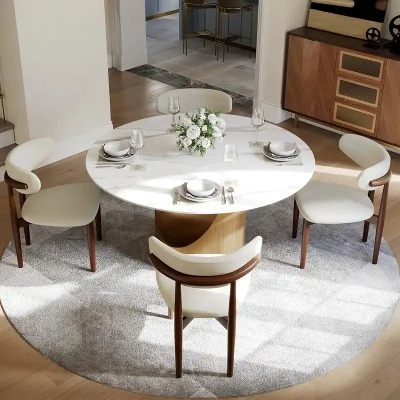 Table à manger ronde moderne pour salle à mangerPlateau en pierre blanc brillant,Piedestal en carbone couleur bronze
