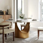 Table à manger ronde moderne pour salle à mangerPlateau en pierre blanc brillant,Piedestal en carbone couleur bronze