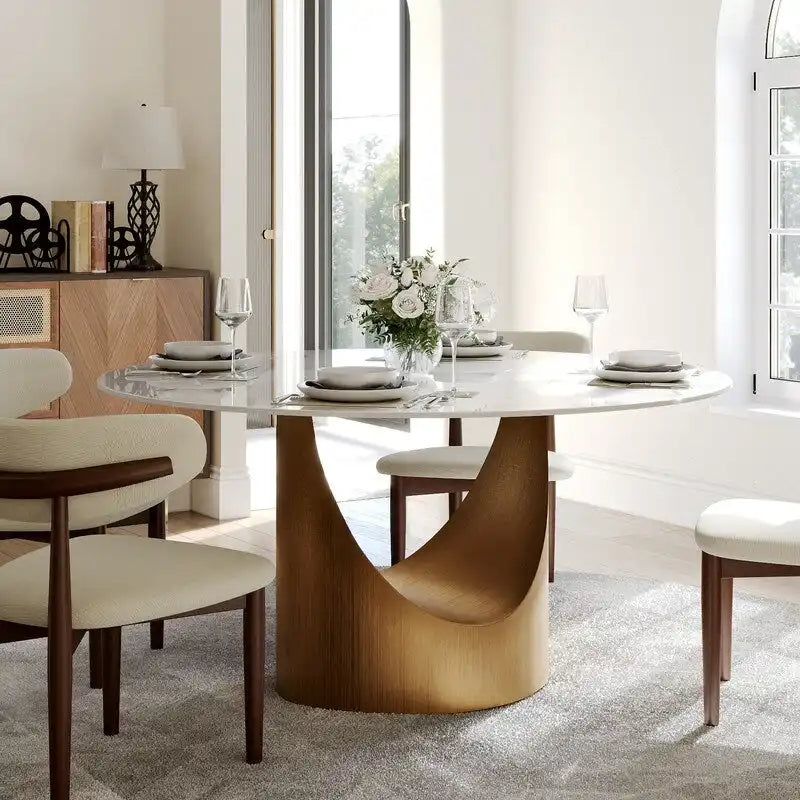 Table à manger ronde moderne pour salle à mangerPlateau en pierre blanc brillant,Piedestal en carbone couleur bronze