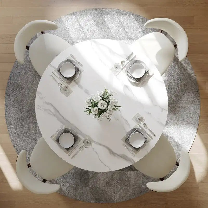 Table à manger ronde moderne pour salle à mangerPlateau en pierre blanc brillant,Piedestal en carbone couleur bronze