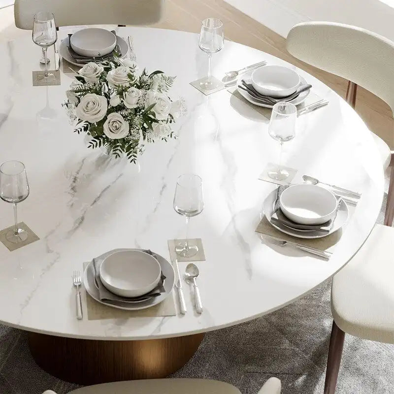 Table à manger ronde moderne pour salle à mangerPlateau en pierre blanc brillant,Piedestal en carbone couleur bronze