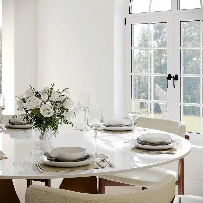 Table à manger ronde moderne pour salle à mangerPlateau en pierre blanc brillant,Piedestal en carbone couleur bronze
