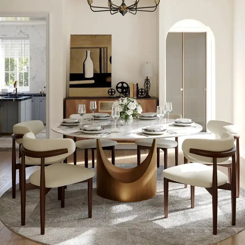 Table à manger ronde moderne pour salle à mangerPlateau en pierre blanc brillant,Piedestal en carbone couleur bronze
