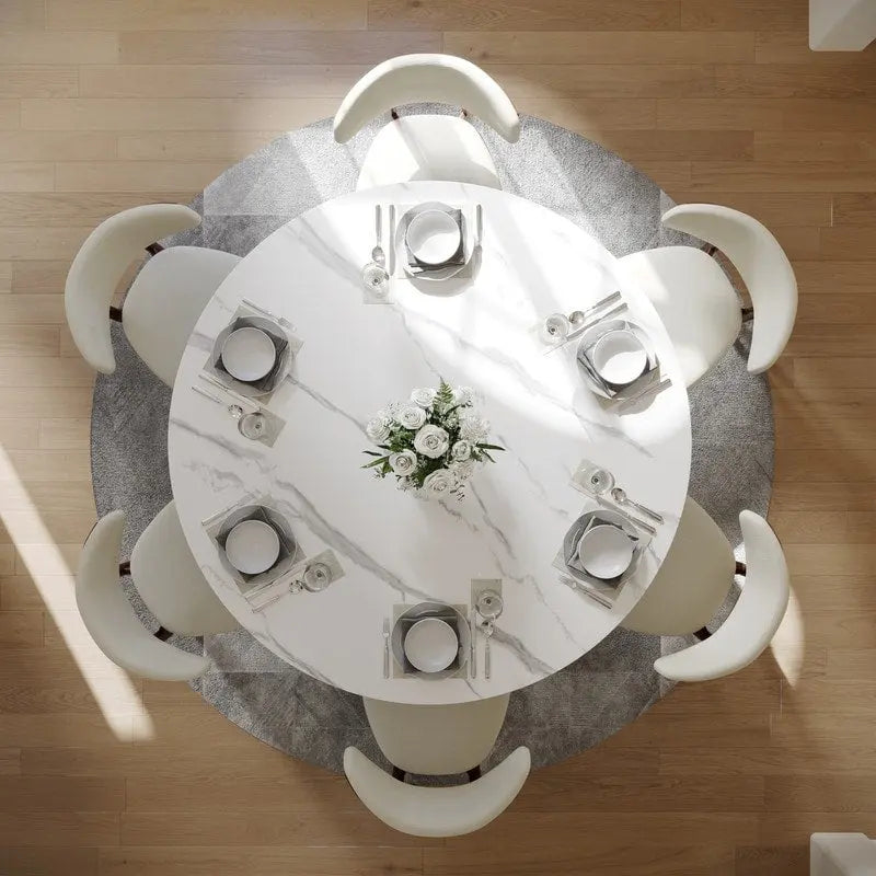 Table à manger ronde moderne pour salle à mangerPlateau en pierre blanc brillant,Piedestal en carbone couleur bronze