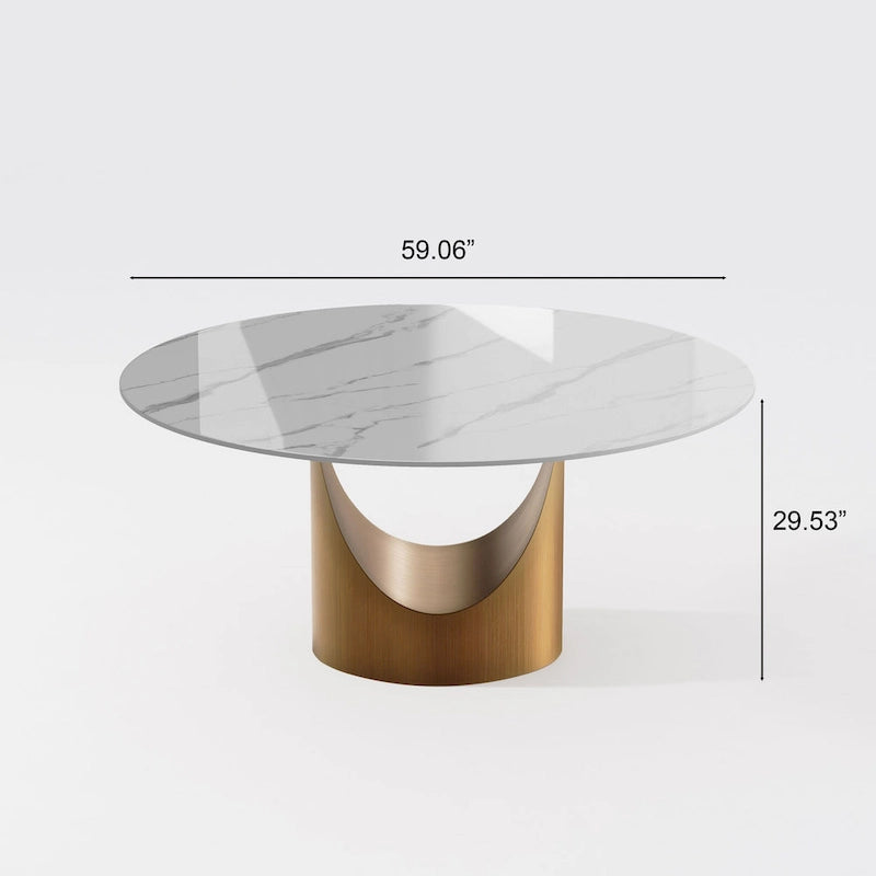 Table à manger ronde moderne pour salle à mangerPlateau en pierre blanc brillant,Piedestal en carbone couleur bronze