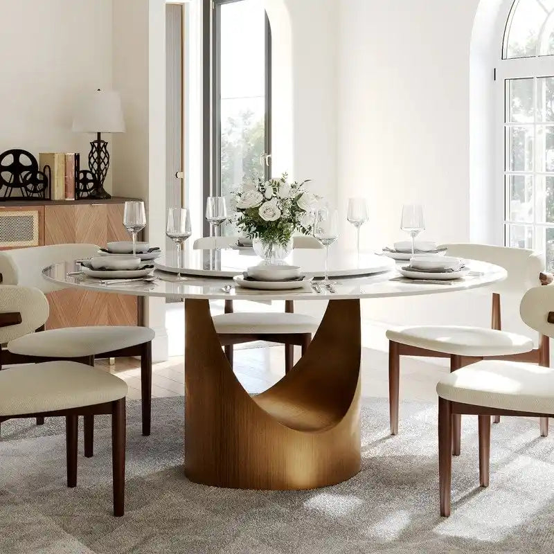 Table à manger ronde moderne pour salle à mangerPlateau en pierre blanc brillant,Piedestal en carbone couleur bronze