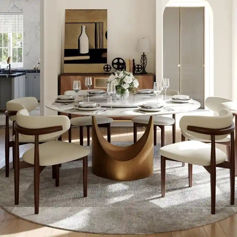 Table à manger ronde moderne pour salle à mangerPlateau en pierre blanc brillant,Piedestal en carbone couleur bronze