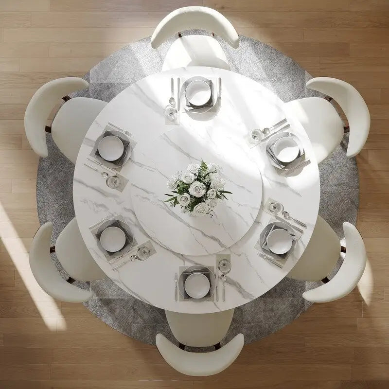 Table à manger ronde moderne pour salle à mangerPlateau en pierre blanc brillant,Piedestal en carbone couleur bronze