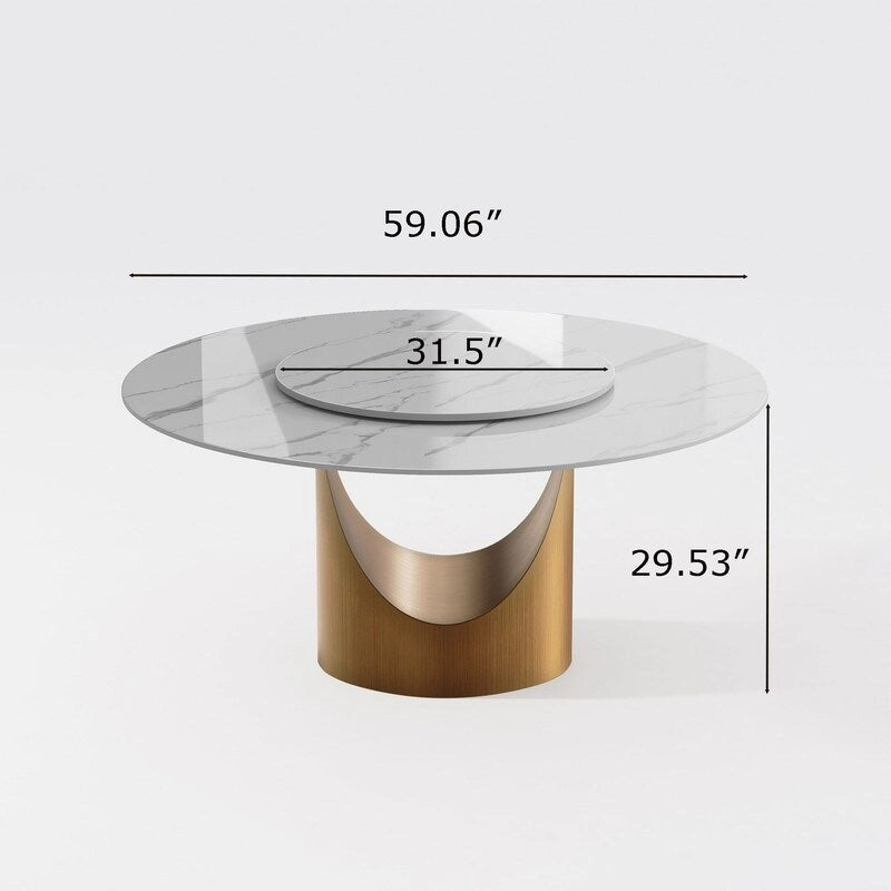Table à manger ronde moderne pour salle à mangerPlateau en pierre blanc brillant,Piedestal en carbone couleur bronze
