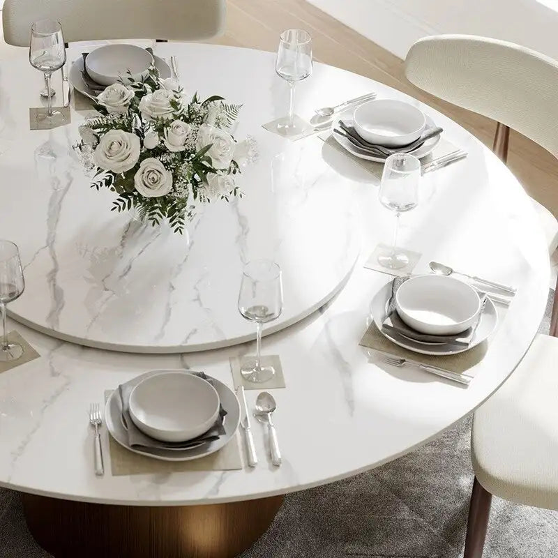 Table à manger ronde moderne pour salle à mangerPlateau en pierre blanc brillant,Piedestal en carbone couleur bronze