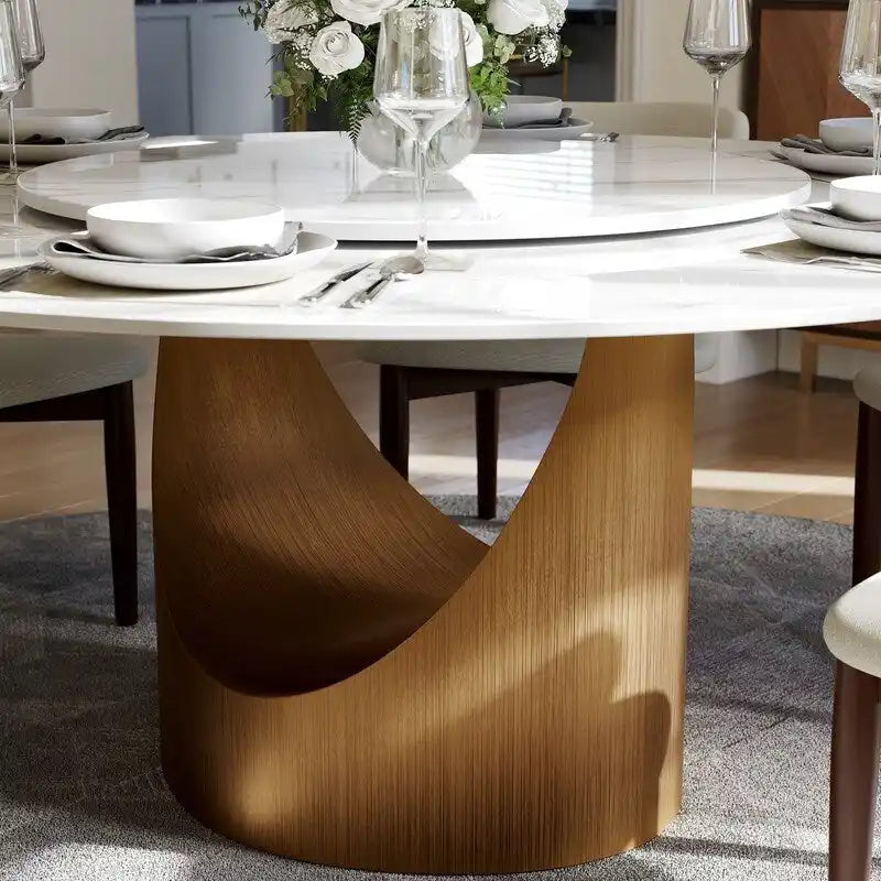 Table à manger ronde moderne pour salle à mangerPlateau en pierre blanc brillant,Piedestal en carbone couleur bronze