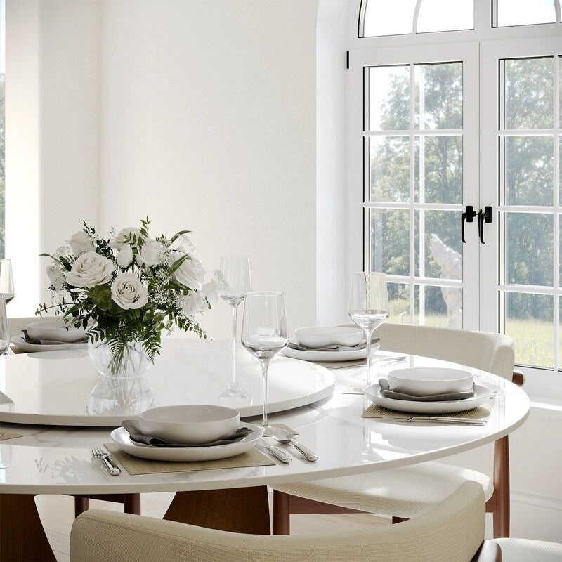 Table à manger ronde moderne pour salle à mangerPlateau en pierre blanc brillant,Piedestal en carbone couleur bronze