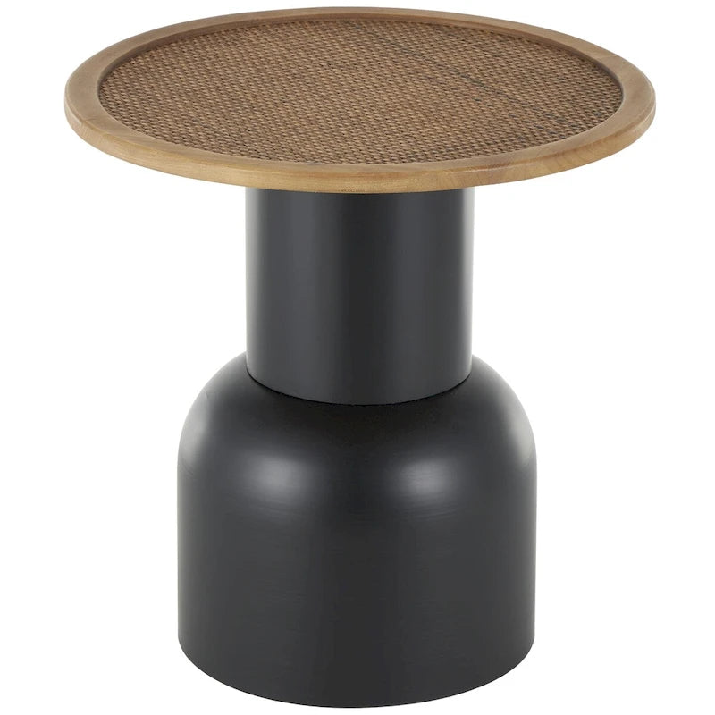 Table d'appoint ou de bout sur pied, en métal faite main avec plateau en rotin marron - Noir