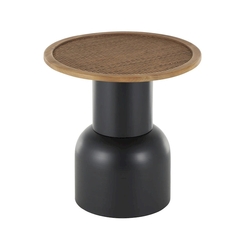 Table d'appoint ou de bout sur pied, en métal faite main avec plateau en rotin marron - Noir