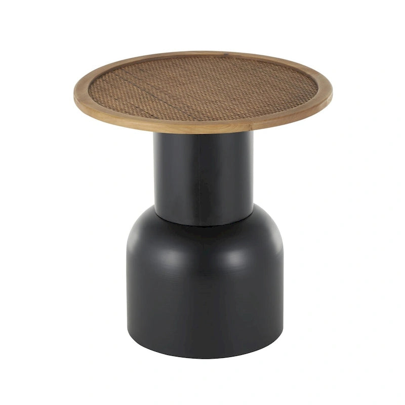 Table d'appoint ou de bout sur pied, en métal faite main avec plateau en rotin marron - Noir