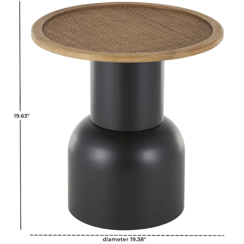 Table d'appoint ou de bout sur pied, en métal faite main avec plateau en rotin marron - Noir