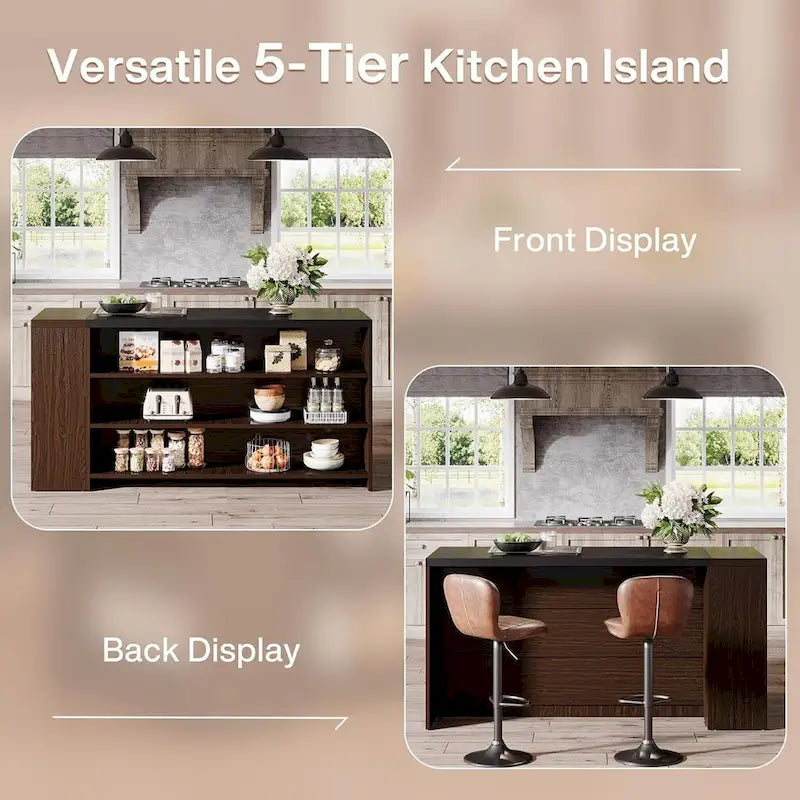 Îlot de cuisine de 55" en bois avec rangement, table îlot fixe à 5 niveaux avec 5 étagères