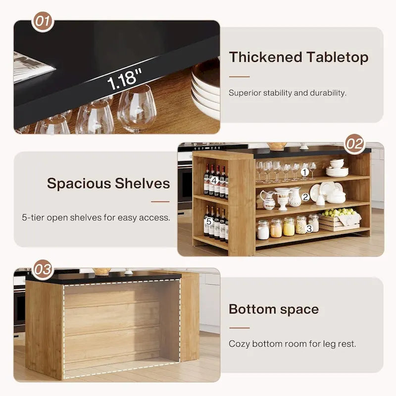 Îlot de cuisine de 55" en bois avec rangement, table îlot fixe à 5 niveaux avec 5 étagères