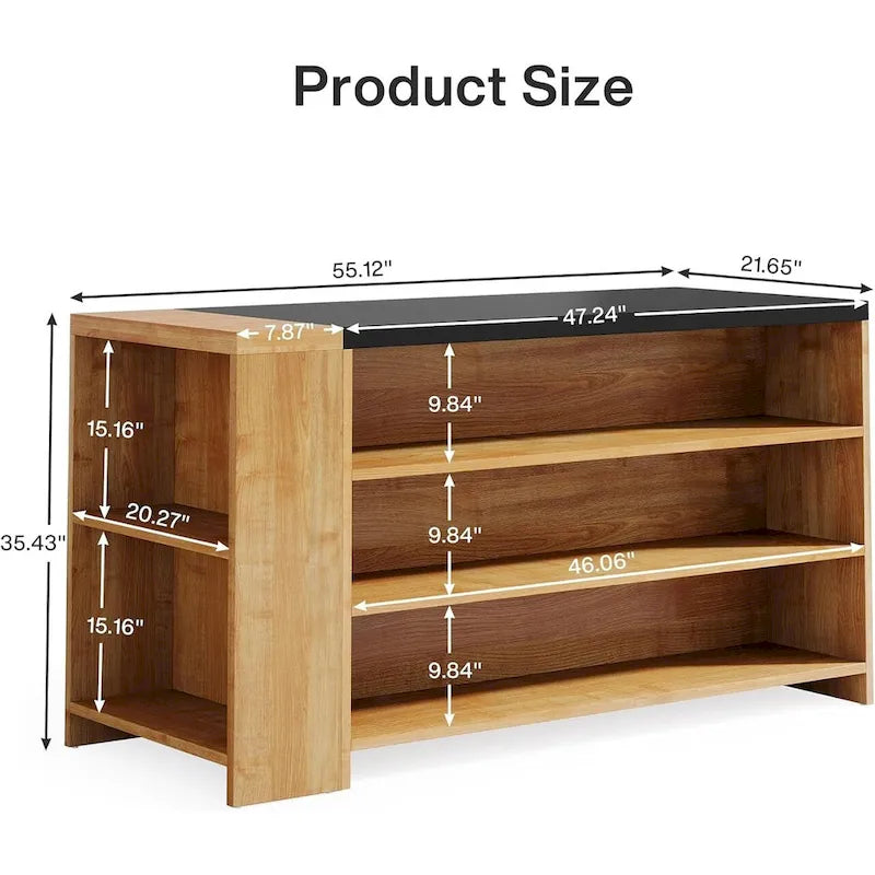 Îlot de cuisine de 55" en bois avec rangement, table îlot fixe à 5 niveaux avec 5 étagères